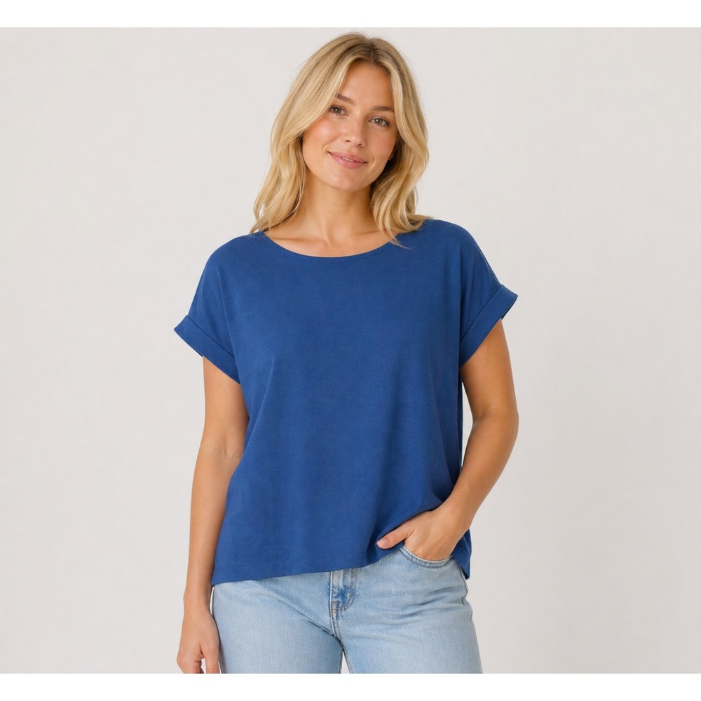 3rd + Malt Womens Small Blue Short Sleeve Scoop Neck Rolled Cuff Blouse Top